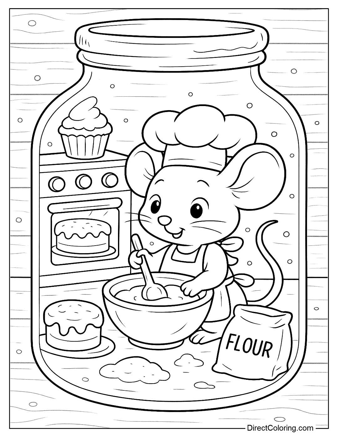 A mouse baking in a jar, with oven, cakes, and flour